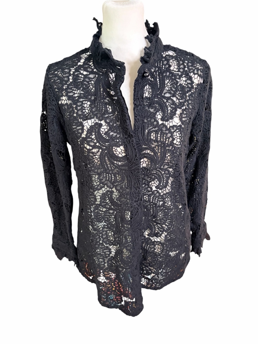 Soft Surroundings Black Lace Crochet Button Up Blouse
